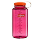 The Nalgene 1L Wide Mouth Water Bottle - Thrill & Motion features a pink body with an orange screw-on lid and a white loop. Made from durable Tritan Renew material, this leakproof water bottle includes convenient measurement markings and displays the Nalgene logo on the front.