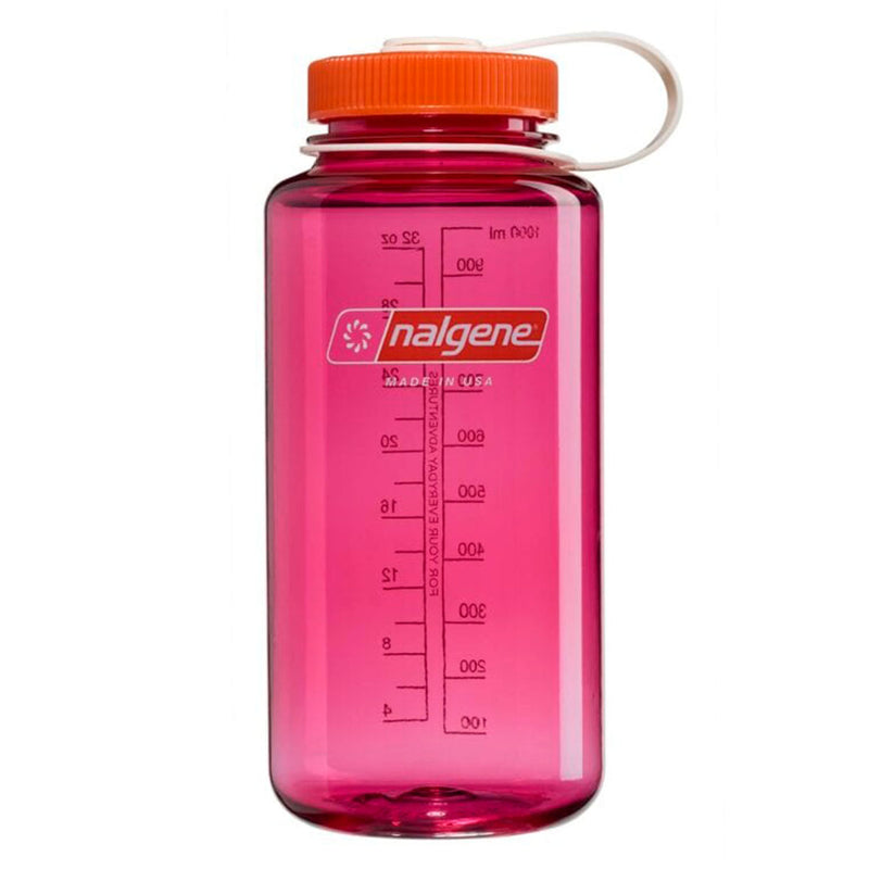 The Nalgene 1L Wide Mouth Water Bottle - Thrill & Motion features a pink body with an orange screw-on lid and a white loop. Made from durable Tritan Renew material, this leakproof water bottle includes convenient measurement markings and displays the Nalgene logo on the front.