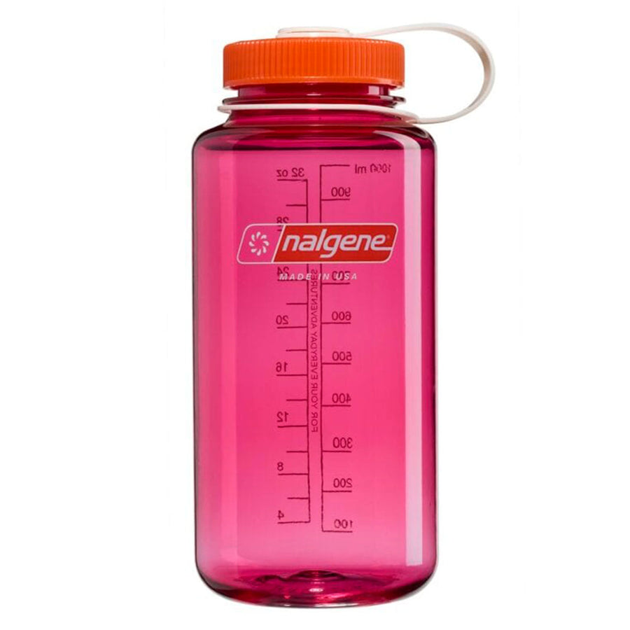 The Nalgene 1L Wide Mouth Water Bottle - Thrill & Motion features a pink body with an orange screw-on lid and a white loop. Made from durable Tritan Renew material, this leakproof water bottle includes convenient measurement markings and displays the Nalgene logo on the front.