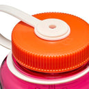 Close-up of the Nalgene 1L Wide Mouth Water Bottle – Thrill & Motion, featuring a pink body with an orange screw-on lid and a white handle attached to the top, set against a white background. Made from durable Tritan Renew material, this leakproof water bottle offers both style and functionality.