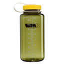 The Nalgene 1L Wide Mouth Water Bottle - Thrill & Motion features a green body with a yellow screw-on lid, white carrying loop, and measurement markings in both milliliters and ounces along the side. Made from durable Tritan Renew material, this leakproof bottle is ideal for staying hydrated wherever you go.
