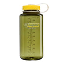 Introducing the Nalgene 1L Wide Mouth Water Bottle - Thrill & Motion, a durable Tritan Renew bottle in green with a yellow cap and white loop. Designed for on-the-go hydration, it features leakproof construction and easy-to-read measurement markings in milliliters and ounces on the side.