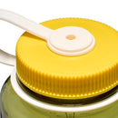 Close-up of a yellow, ribbed plastic cap with an attached white handle. The transparent Nalgene 1L Wide Mouth Water Bottle – Thrill & Motion, crafted from durable Tritan Renew material, displays measurement markings along the side—ideal for tracking your intake with this leakproof bottle.