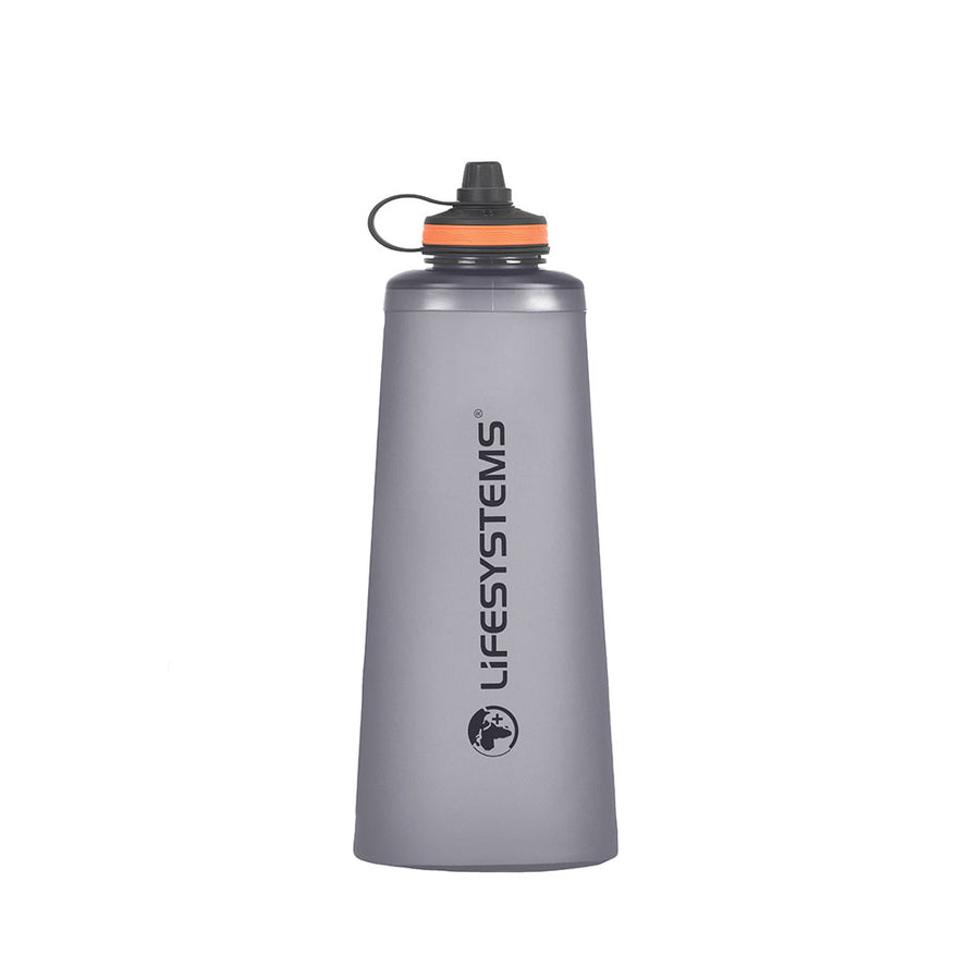 Gray water bottle with black lid and 'Lifesystems' branding on a white background