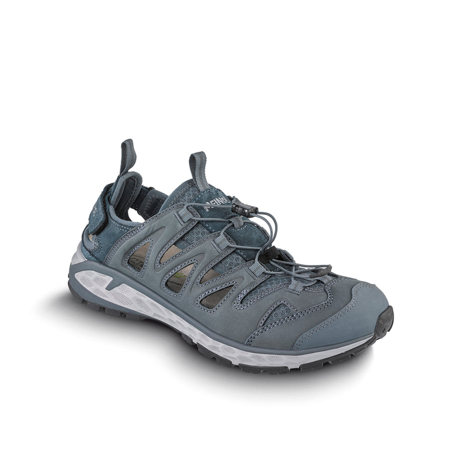 The Meindl Mens Brindisi Sandal features a blue-gray design with cut-out sides, closed toe, adjustable elastic laces, and a sturdy black-and-white sole—ideal for outdoor or water activities and inspired by Meindl Boots durability.