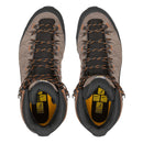 Top view of a pair of Salewa Men’s Alp Trainer 2 Mid GORE-TEX Hiking Boots in brown, featuring black, orange, and yellow laces, black rubber toe caps, padded black collars, and yellow branding on the insoles—crafted for comfort and long-lasting durability on rugged mountain terrain.