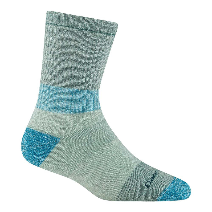 A single Darn Tough Womens Mountaineering Micro Crew Heavyweight Hiking Sock in light green, featuring blue accents on the toe, heel, and an ankle stripe, is displayed against a white background.