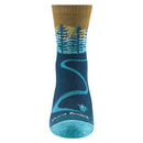 Darn Tough’s Women’s Northwoods Micro Crew Midweight Hiking Socks feature a blue base with a teal toe, showcasing a winding river that flows into a forest of green trees beneath a brown sky. Crafted in Vermont from soft merino wool, these socks deliver comfort and durability for every adventure.
