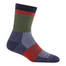 The Darn Tough Womens Heady Betty Micro Crew Lightweight Hiking Sock features green, red, gray, and dark blue color blocks, ribbed upper texture, reinforced toe and heel, and a performance fit for comfortable adventures.
