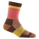 The Darn Tough Womens Heady Betty Micro Crew Lightweight Hiking Sock is a single mid-calf trail sock featuring a ribbed texture and geometric blocks of brown, yellow, pink, and orange for style and performance fit.
