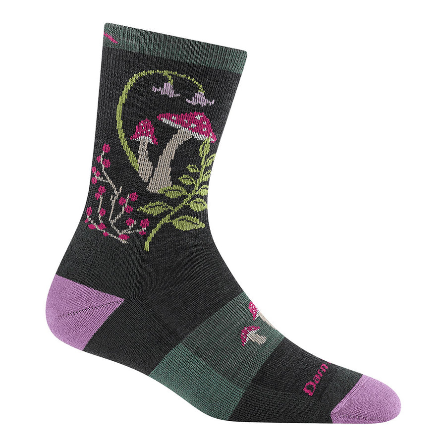 Step into comfort and style on your next adventure with the Darn Tough Womens Mellow Mushrooms Micro Crew Lightweight Hiking Socks. Featuring a dark base accented with whimsical pink, green, and white mushroom and plant designs, plus a purple toe and heel, these Merino wool socks are designed to keep your feet cool and comfortable on the trail.