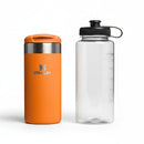 Orange Stanley tumbler on a white background