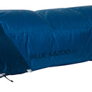 A close-up of a blue The North Face Blue Kazoo Down Sleeping Bag (-7°C), featuring the product name printed on the side and highlighting the zipper and stitching details.