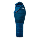 A blue Kazoo Down Sleeping Bag (-7°C) from The North Face, featuring a mummy shape with a hood and zipper and branded with The North Face logo near the top right side. Designed for three-season backpacking, it provides reliable warmth and comfort for your outdoor adventures.