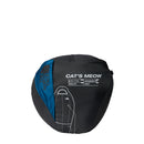 A tightly packed black and blue stuff sack labeled “The North Face Cat’s Meow Sleeping Bag (-7°C)” with technical specifications and a straightforward diagram of the sleeping bag on the front, featuring recycled synthetic insulation for reliable warmth in a 20°F backpacking bag.