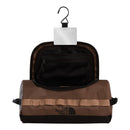 The North Face Base Camp Travel Washbag - Large is a durable brown toiletry bag designed for travel, featuring a built-in hanging hook, a spacious main compartment, and an internal mesh zip pocket.