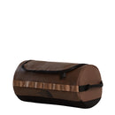 The North Face Base Camp Travel Washbag - Large is a brown cylindrical toiletry bag featuring a durable design, zipper closure with flap, black base, and beige strap accents. This stylish travel accessory is displayed on a plain white background.