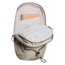 A beige Borealis Sling Bag by The North Face with the main compartment open displays a spiral notebook neatly stored in an inner sleeve and a zippered mesh pocket inside the flap. This compact sling bag features thoughtful organization, including a front pocket and a visible drawstring for quick access to your essentials.