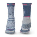 Two blue and gray Womens Hike Ultra Light T2 Coolmax Performance Boot Socks by Bridgedale feature geometric patterns, pink branding, and textured heels and toes. One sock is front-facing, the other rear-facing—ideal for active adventures.