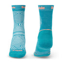 Two turquoise Bridgedale Womens Hike Ultra Light T2 Coolmax Performance Boot Socks stand upright—one displays the geometric front and logo, the other an orange stripe. These lightweight, breathable socks are ideal for outdoor adventures.