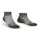 Pair of gray socks with patterned design on a white background