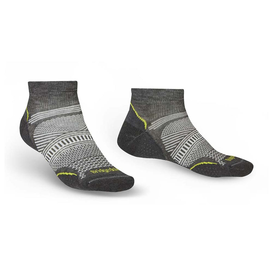 Pair of gray socks with patterned design on a white background