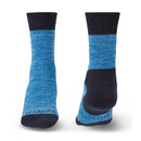 blue and navy womens pair of Bridgedale heavy hiking socks facing one toward the camera directly and one away to show the heel cushioning on a white background