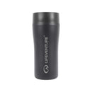 Introducing the Lifeventure One-Touch Thermal Mug: a black, insulated stainless steel travel mug with a matte finish. It displays the Lifeventure logo and symbol in white vertically on the front, features a curved body, and includes a matching black one-touch lid for effortless use.