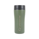 Introducing the Lifeventure One-Touch Thermal Mug in green, featuring a black, easy-access one-touch lid and the Lifeventure logo printed vertically on the front. Crafted from durable stainless steel, this mug ensures lasting performance.