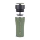 A Lifeventure One-Touch Thermal Mug in olive green, featuring a black one-touch lid and separated inner components displayed above the cup, set against a white background.