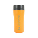 A Lifeventure One-Touch Thermal Mug in orange, featuring a black one-touch lid, is displayed upright against a plain white background. The stainless steel mug displays the vertically printed Lifeventure logo and branding on the front.