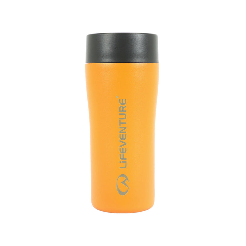 A Lifeventure One-Touch Thermal Mug in orange, featuring a black one-touch lid, is displayed upright against a plain white background. The stainless steel mug displays the vertically printed Lifeventure logo and branding on the front.