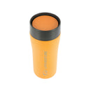 The Lifeventure One-Touch Thermal Mug is a reusable orange mug with a black one-touch lid and the brand’s logo printed vertically on the side. Made from durable stainless steel, the mug is photographed against a white background.