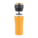 A Lifeventure One-Touch Thermal Mug in orange is shown with its black One-Touch Lid and seal separated above it, highlighting the mug’s stainless steel components.