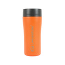 A Lifeventure One-Touch Thermal Mug in orange, featuring a black One-Touch Lid, is displayed upright against a white background. The Lifeventure brand name and logo are printed vertically in silver on the front of the stainless steel mug.