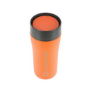 A reusable Lifeventure One-Touch Thermal Mug in orange with a black one-touch lid is shown from above on a white background. The stainless steel mug features the Lifeventure logo printed vertically in white on the side.