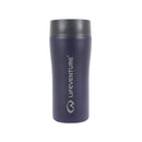 A dark blue Lifeventure One-Touch Thermal Mug made of stainless steel, featuring a gray one-touch lid and the LIFEVENTURE logo printed vertically in white on the front.