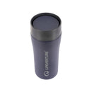 A Lifeventure One-Touch Thermal Mug in navy blue is displayed against a white background, featuring a black one-touch lid and the brand’s logo printed in white on the side. Made from robust stainless steel, this travel mug is designed to keep beverages hot or cold while you’re on the move.