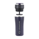 A dark purple Lifeventure One-Touch Thermal Mug made of stainless steel, with its one-touch lid and sealing mechanism shown separated above the mug in a vertically aligned arrangement.