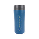 A blue Lifeventure One-Touch Thermal Mug with a gray one-touch lid, shown upright on a white background. The Lifeventure logo is printed vertically on the front of the stainless steel mug.
