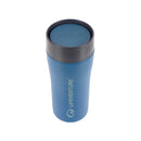 Blue Lifeventure One-Touch Thermal Mug made from reusable stainless steel with a black one-touch lid and the Lifeventure logo in white lettering running vertically down the side, displayed against a plain white background.