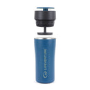 A Lifeventure One-Touch Thermal Mug in blue is shown with its detachable black one-touch lid floating above to reveal the stainless steel interior.