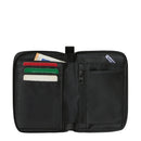 The North Face Base Camp Voyager Wallet, crafted from recycled fabric, is a black zippered travel wallet that opens to reveal organized compartments for credit cards, a folded banknote, and coins in a zippered pocket—plus a dedicated pocket for a convenient tracking tag.