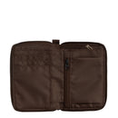 The North Face Base Camp Voyager Wallet is an open wallet in brown, featuring card slots on the left and a zippered pocket on the right, and crafted from recycled fabric material.