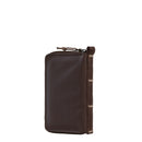 The North Face Base Camp Voyager Wallet, shown upright against a white background, is a brown zippered pouch made from recycled fabric featuring a fabric pull tab and stitched detailing—making it a versatile choice for travel.
