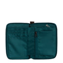 Open The North Face Base Camp Voyager Wallet in teal, featuring card slots on the left, a zippered pocket on the right, and an empty bill compartment, all crafted from recycled fabric.