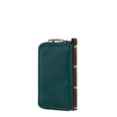 The North Face Base Camp Voyager Wallet, featuring a teal color with brown trim and a subtle check pattern, is crafted from recycled fabric and stands upright against a white background.