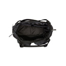 A top-down view of an open black Base Camp Voyager Tote Bag by The North Face showcases its spacious 25-litre capacity, empty interior, visible handles, and zippered side pockets—all crafted from durable recycled fabric and set against a white background.