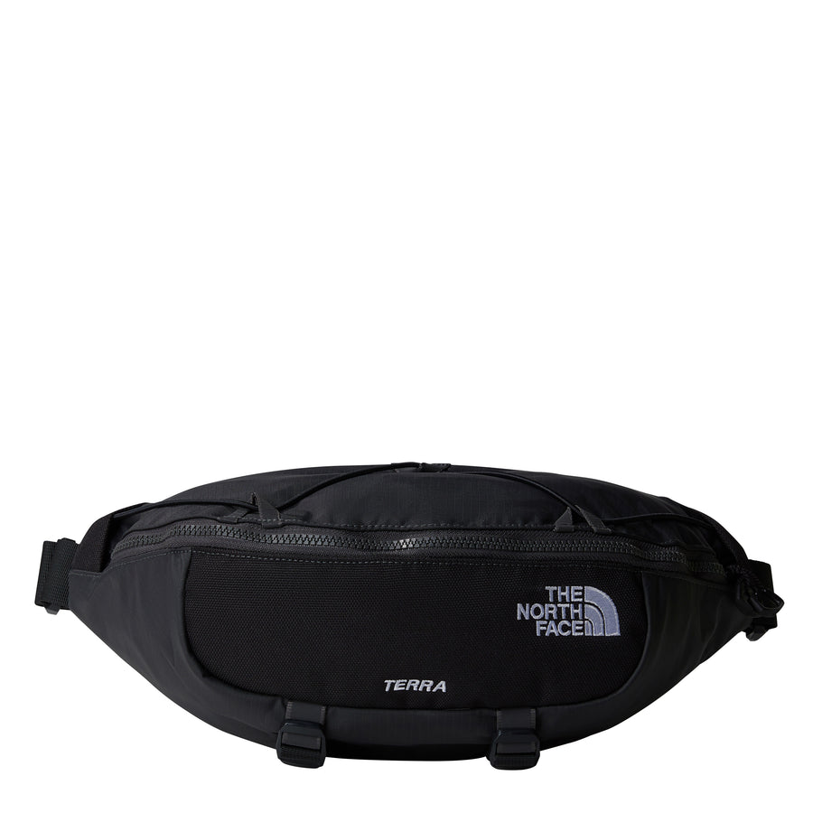 The North Face Terra 6-Litre Bum Bag is a black waist pack featuring a front zipper pocket, adjustable strap, and the brand’s white logo on the front—ideal for carrying your hiking essentials.