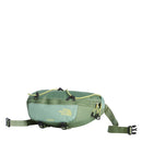 The North Face Terra 3-Litre Bum Bag, shown here in green with yellow zippers and an adjustable strap, is crafted from recycled nylon. Its the perfect choice for carrying your hiking essentials and is displayed against a white background.